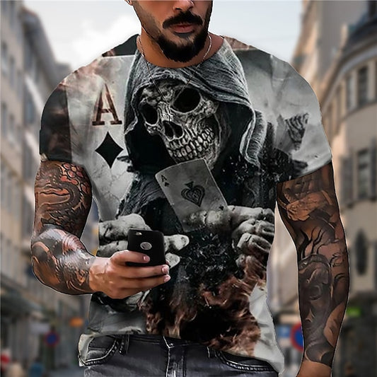Halloween Mens Graphic Shirt Skull Casual 3D For | Pink Summer Cotton Unisex Tee Prints Poker Crew Neck Red Brown Gray Outdoor Street Short Holding Ace Of Spades Playing Cards