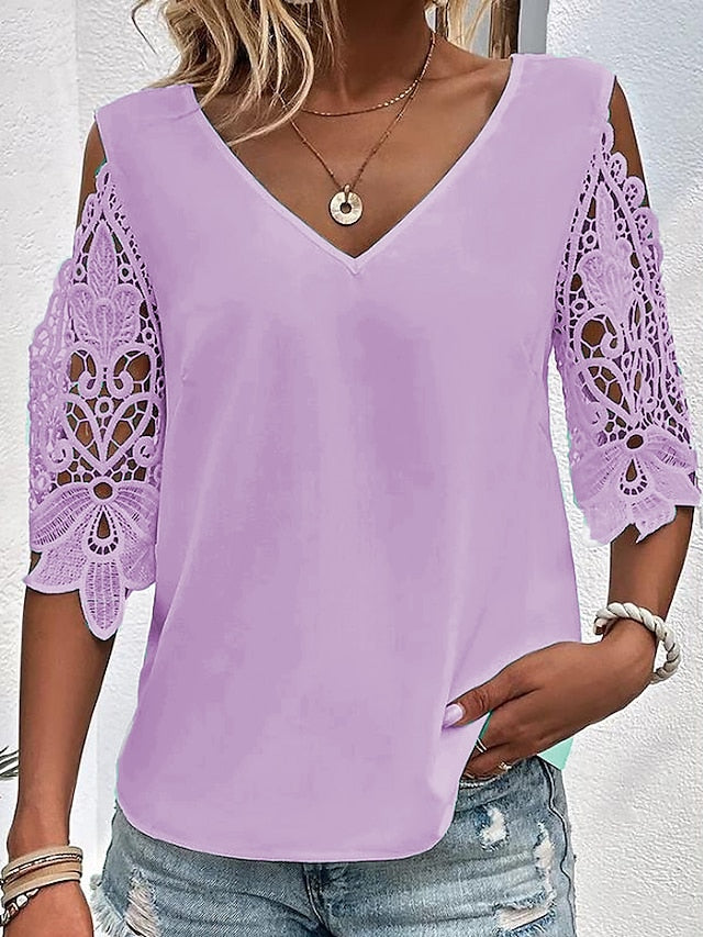 Stylish Women's V Neck Lace Blouse - White/Pink/Blue - Half Sleeve