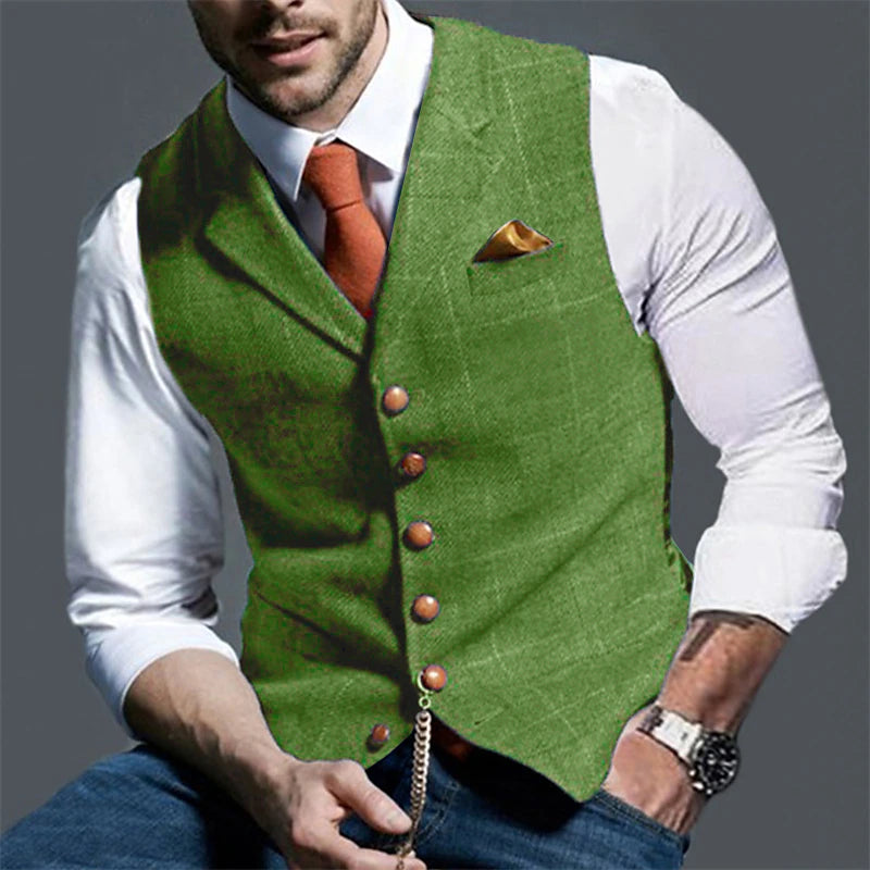 Vintage Style Men's V-Neck Waistcoat in Deep Green Navy Leaf with Print Design