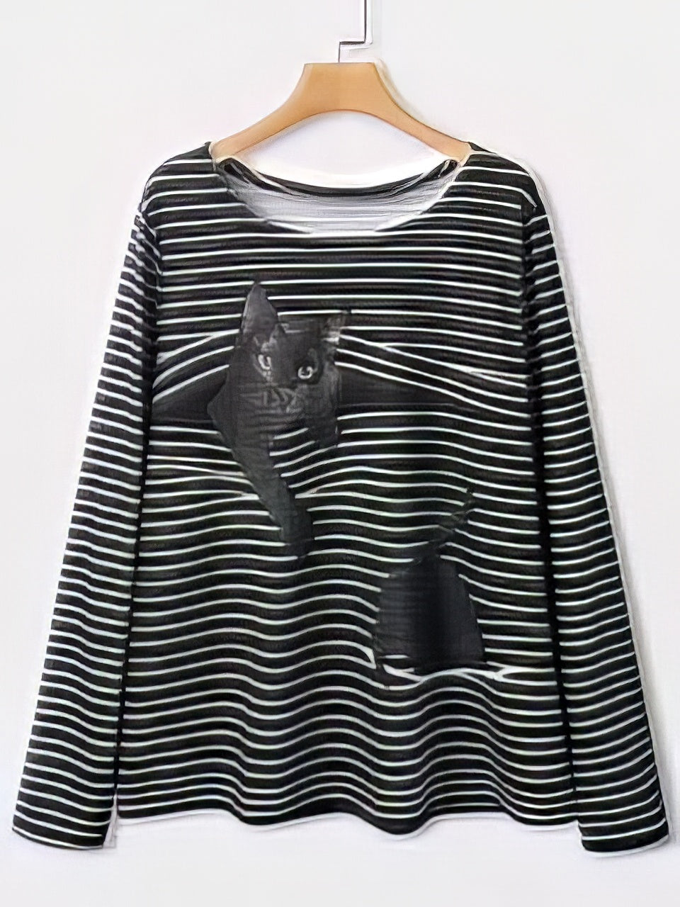 T-Shirts - Black Cat Print Long Sleeve Round Neck White Striped Plus Size T-shirt - MsDressly