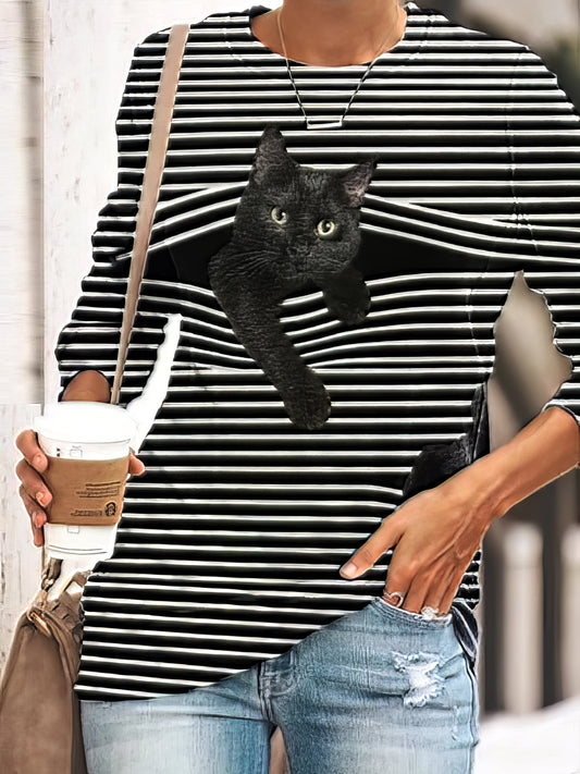 T-Shirts - Black Cat Print Long Sleeve Round Neck White Striped Plus Size T-shirt - MsDressly