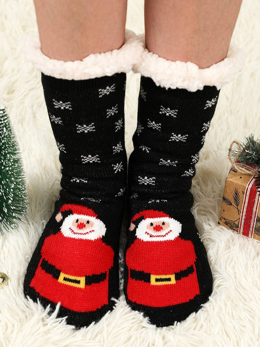 Black Christmas Cartoon Pattern Woolen Knit Socks