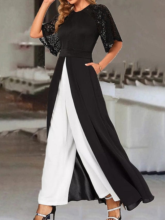 Black Printed Half Sleeve Women's Jumpsuit for Business, Wedding, or Work Events