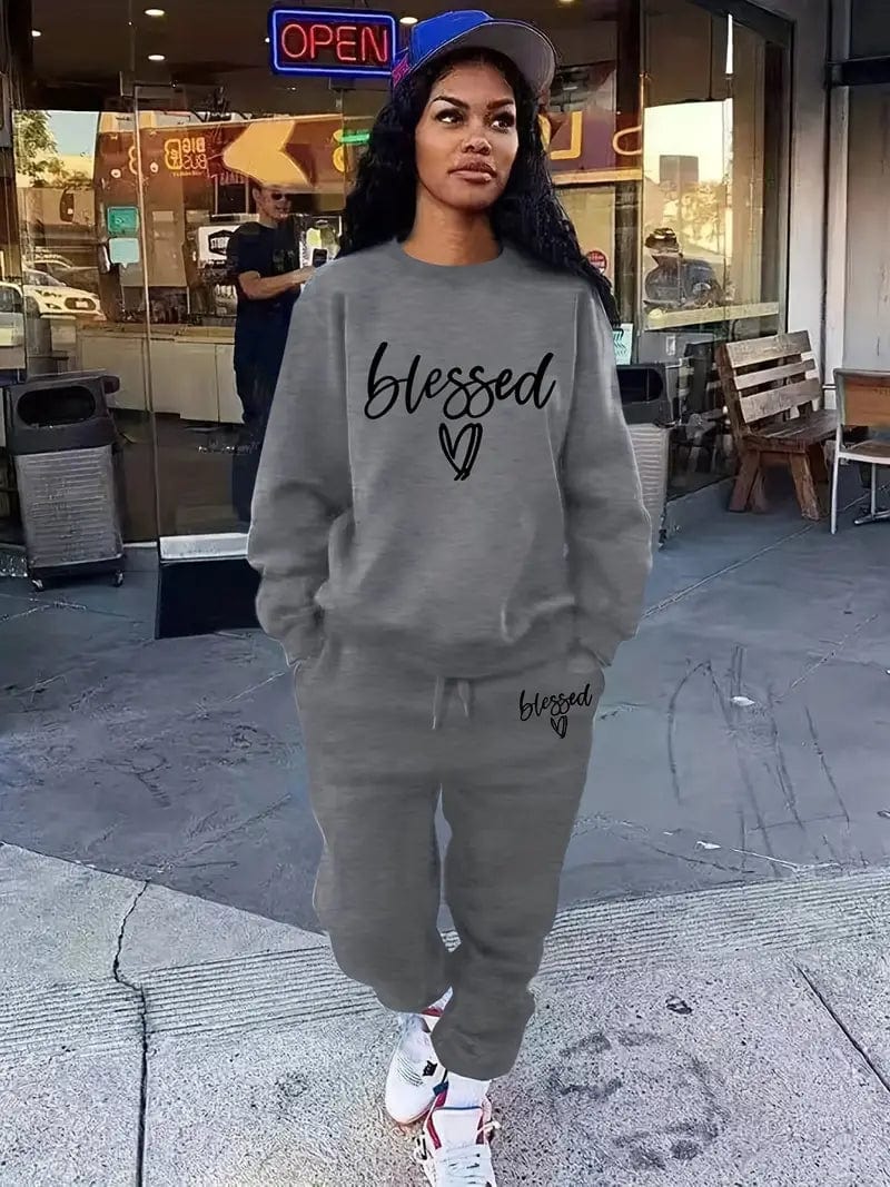 Blessed Letter Print Casual Two-Piece Set with Crew Neck Long Sleeve Tops and Drawstring Jogger Pants - Women's Fashion Items