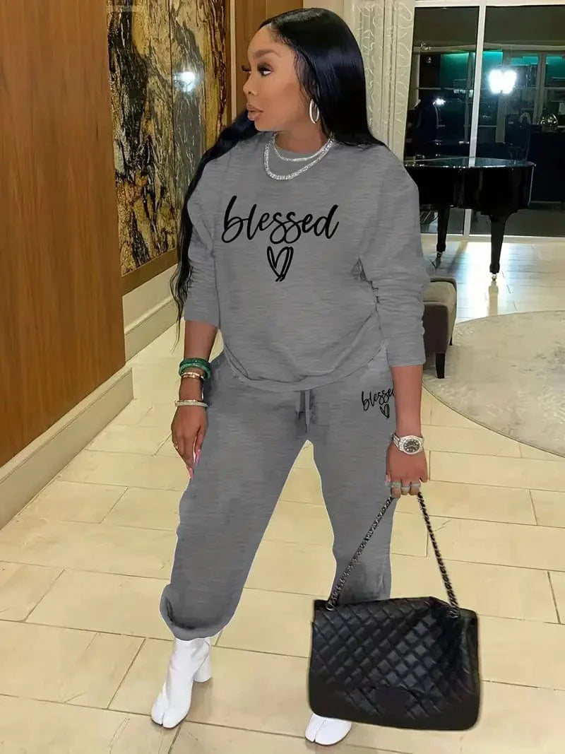 Blessed Letter Print Casual Two-Piece Set with Crew Neck Long Sleeve Tops and Drawstring Jogger Pants - Women's Fashion Items