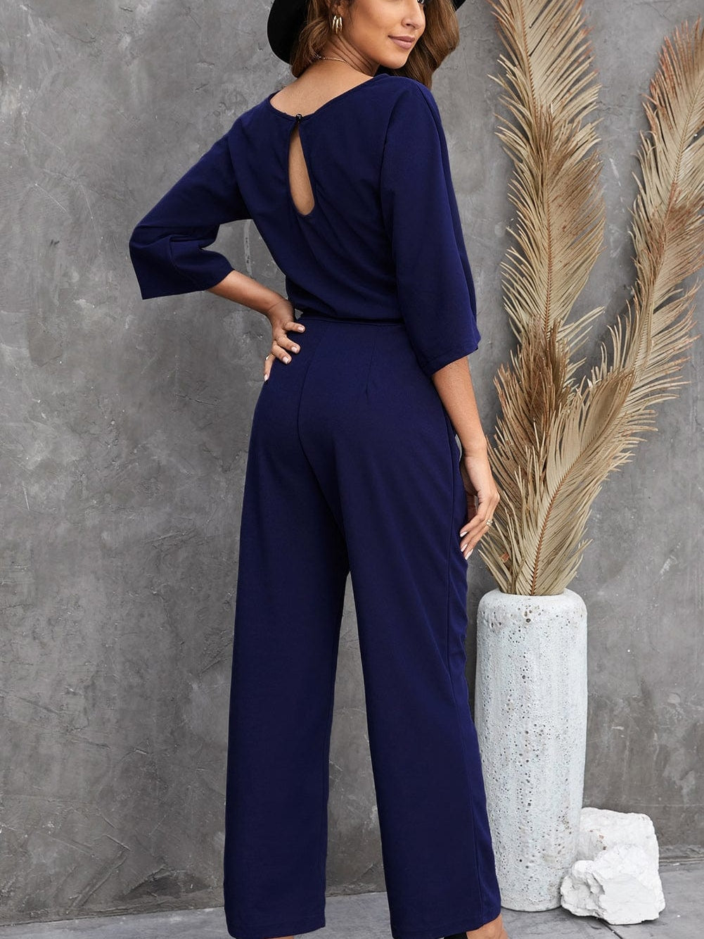 Blue Bracelet Sleeve Waist Tie Wide Leg Jumpsuit