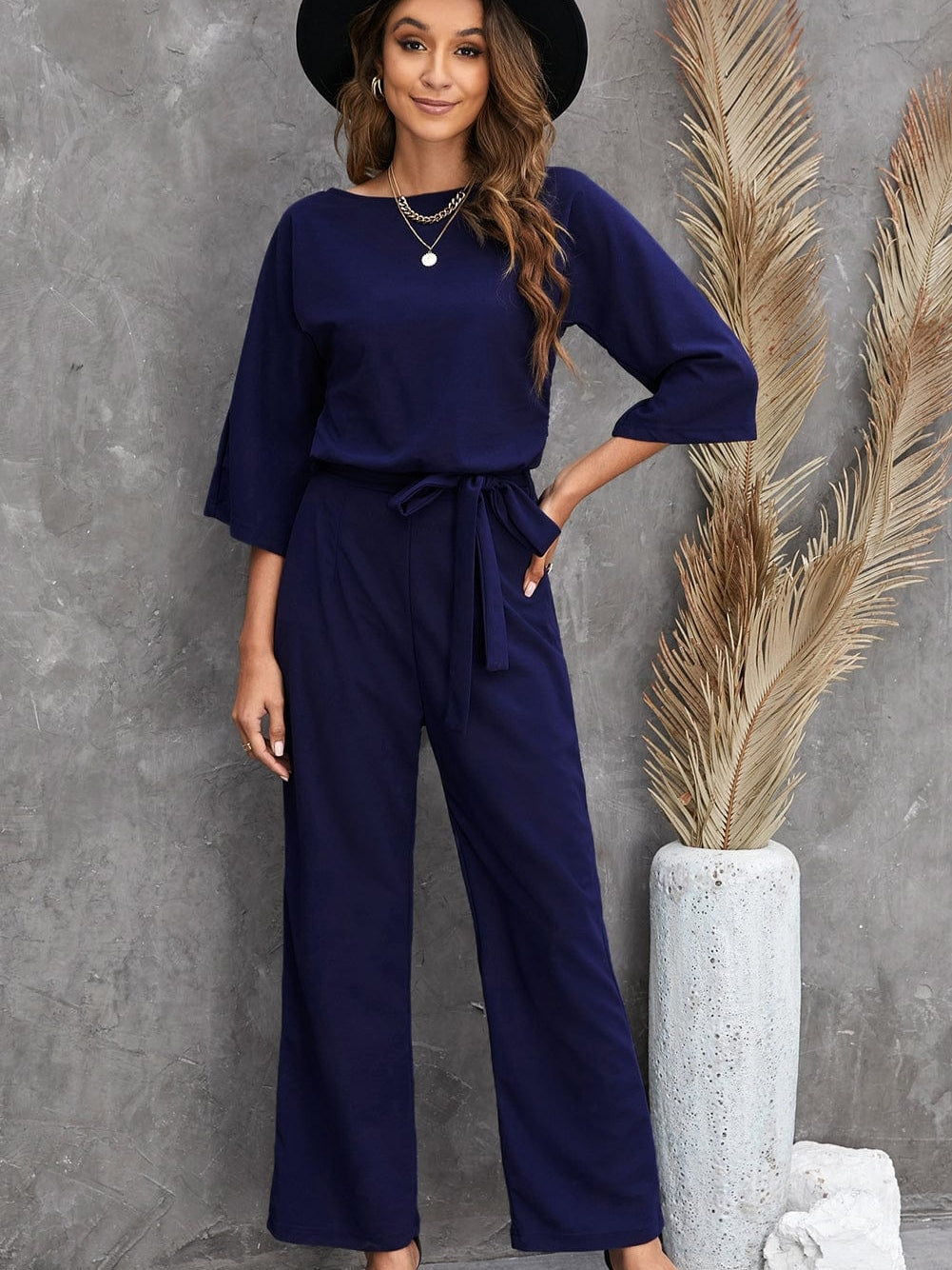 Blue Bracelet Sleeve Waist Tie Wide Leg Jumpsuit