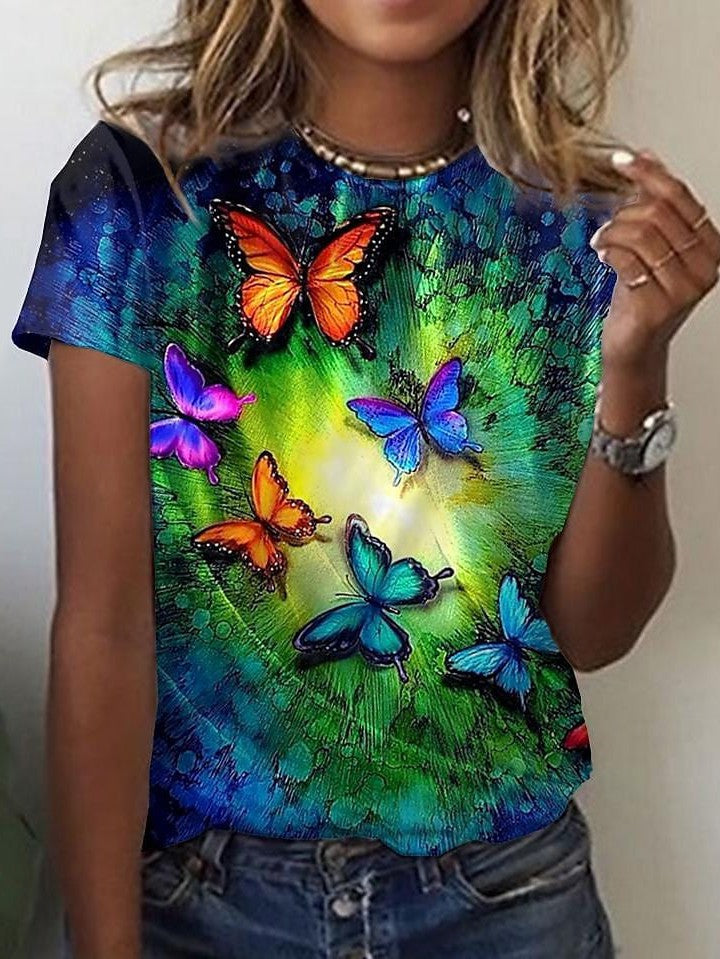 Blue Butterfly Print Women's T-shirt with Round Neck