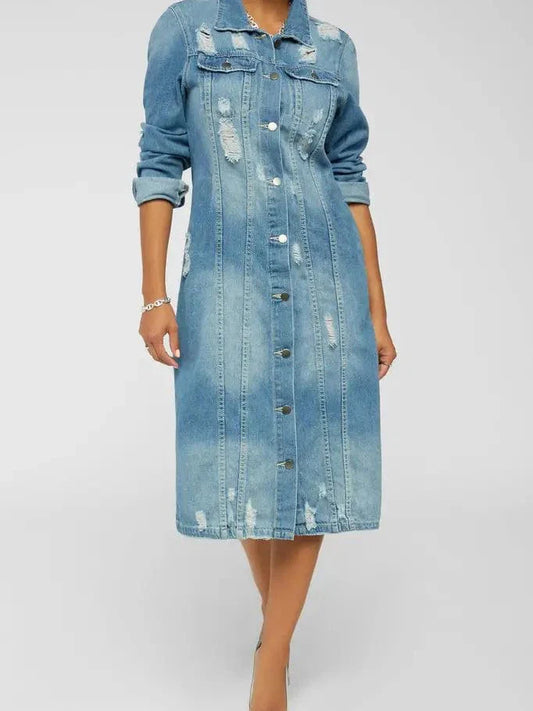 Blue Denim Knee-Length Dress Jacket with Flap Pocket and Distressed Front for Women