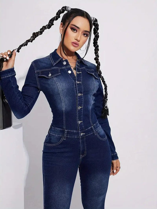 Blue Denim Women's Jumpsuit with Long Sleeves and Lapel