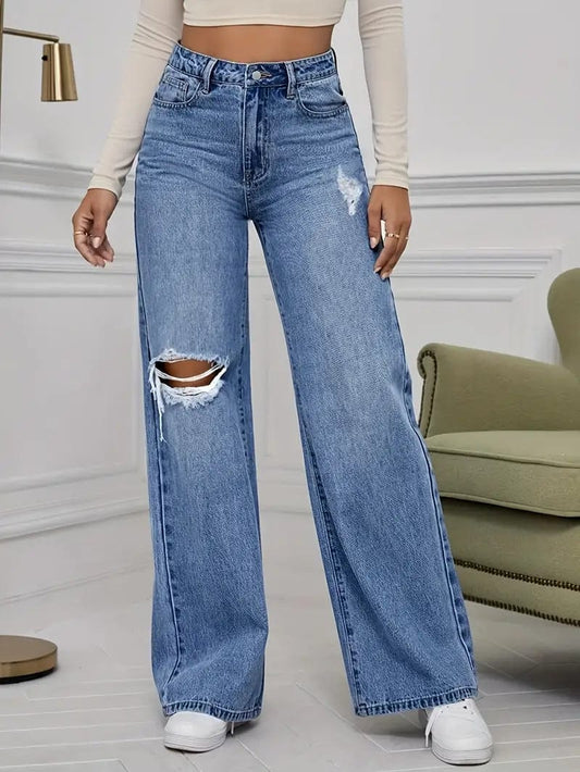 Blue Distressed Straight Leg Jeans, Oversized Wide-legged Denim Pants, Women's Jeanwear Styles & Apparel