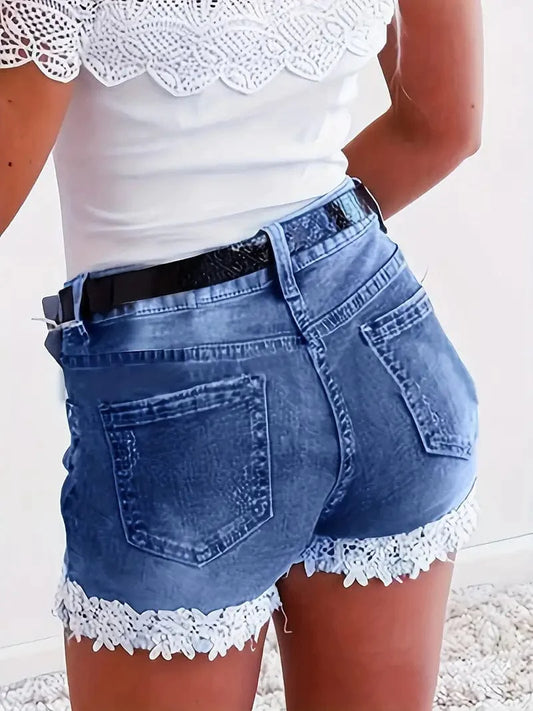 Blue Lace Denim Shorts with a Fairy Aesthetic Touch, Featuring Slash Pockets, Stylish and Cozy, Ideal for Spring/Summer Wear