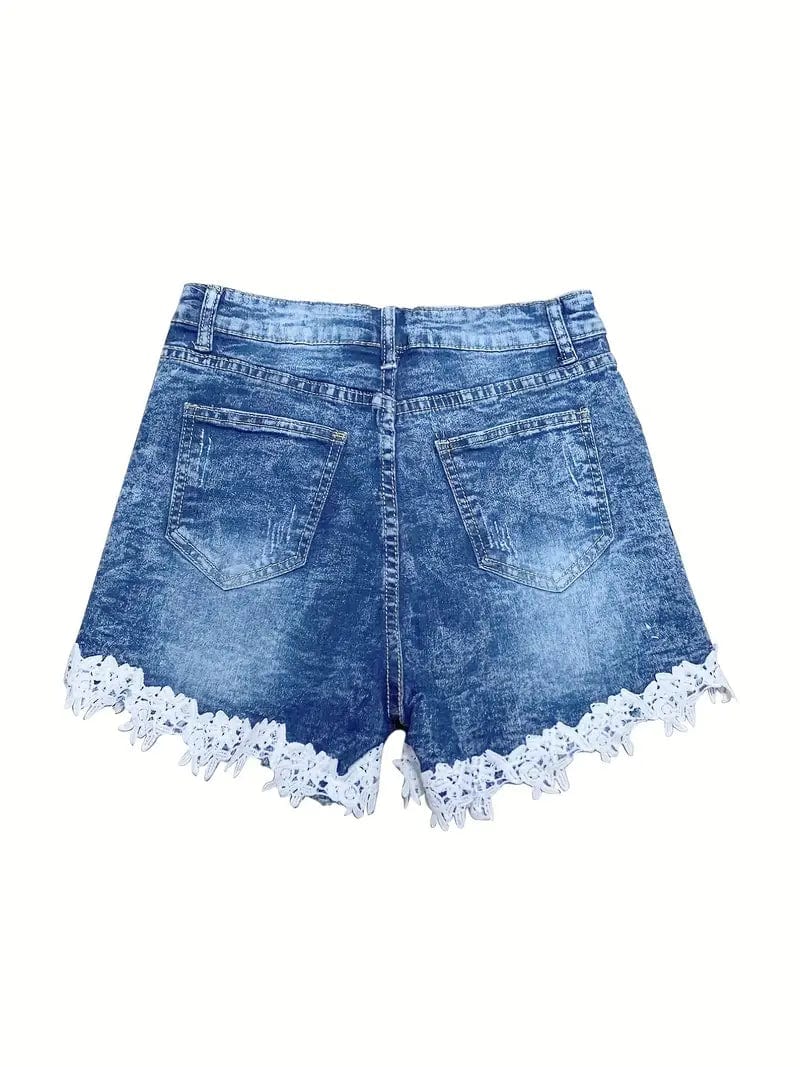 Blue Lace Denim Shorts with a Fairy Aesthetic Touch, Featuring Slash Pockets, Stylish and Cozy, Ideal for Spring/Summer Wear