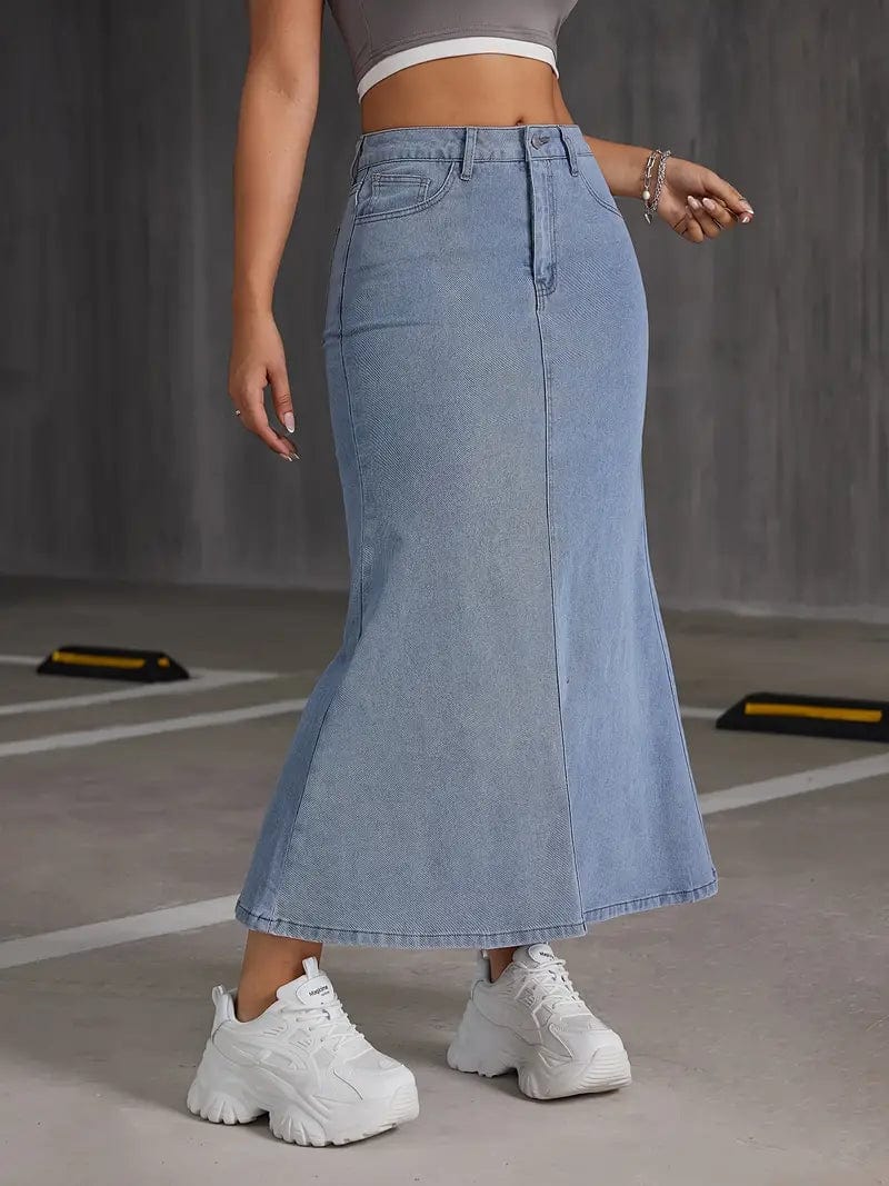 Blue Mermaid Hem Denim Midi Skirt with Slant Pockets - Stylish Women's Denim Apparel