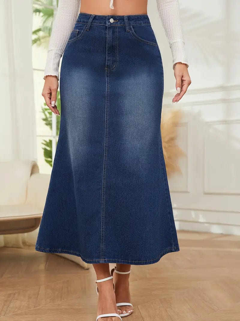 Blue Mermaid Hem Denim Midi Skirt with Slant Pockets - Stylish Women's Denim Apparel