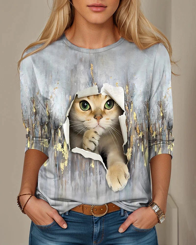 Blue Purple Green 3D Cat Print Women's Long Sleeve T-shirt