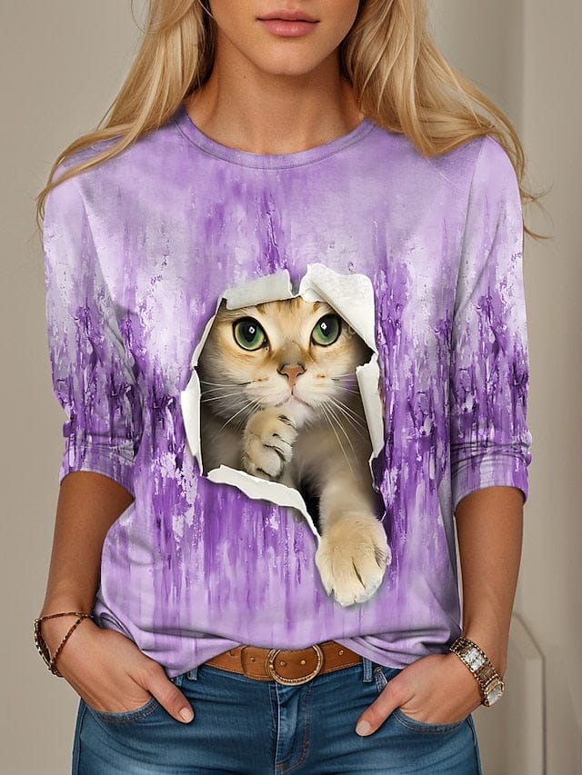 Blue Purple Green 3D Cat Print Women's Long Sleeve T-shirt