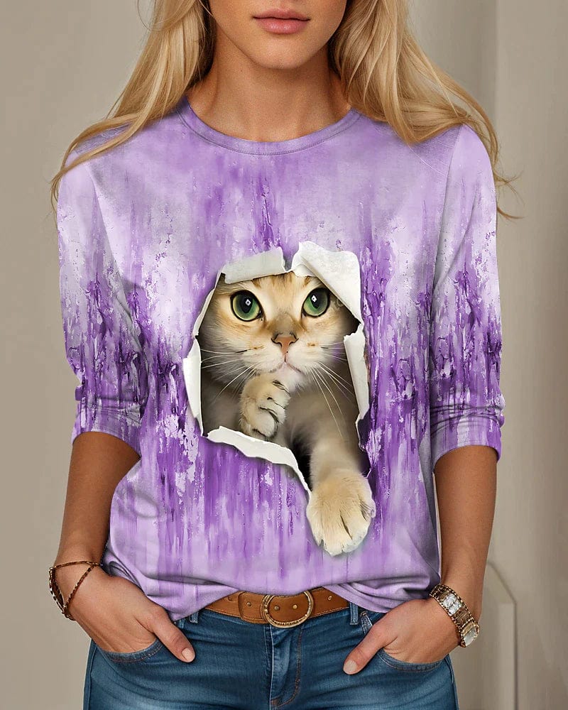 Blue Purple Green 3D Cat Print Women's Long Sleeve T-shirt