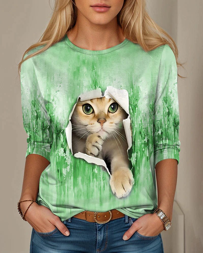 Blue Purple Green 3D Cat Print Women's Long Sleeve T-shirt