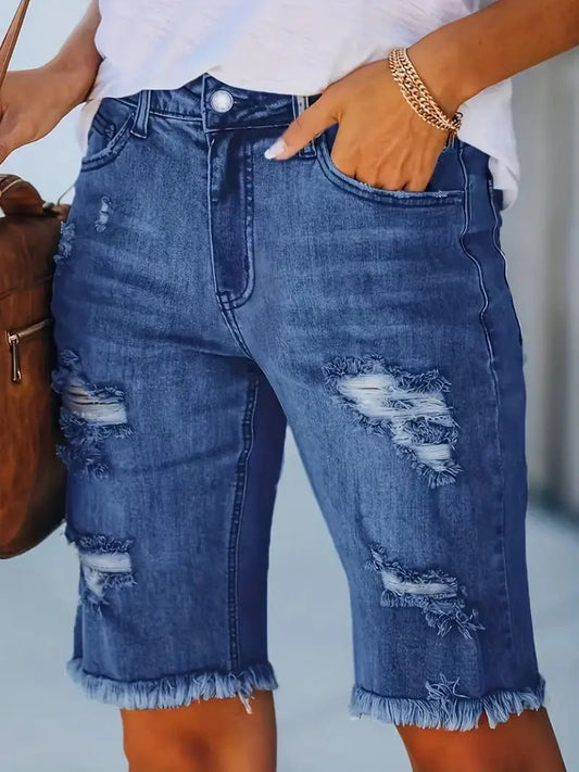 Blue Raw Hem Denim Jorts with Distressed Details, Mid-Stretch Slash Pockets Bermuda Denim Shorts, Women's Denim Jeans & Apparel