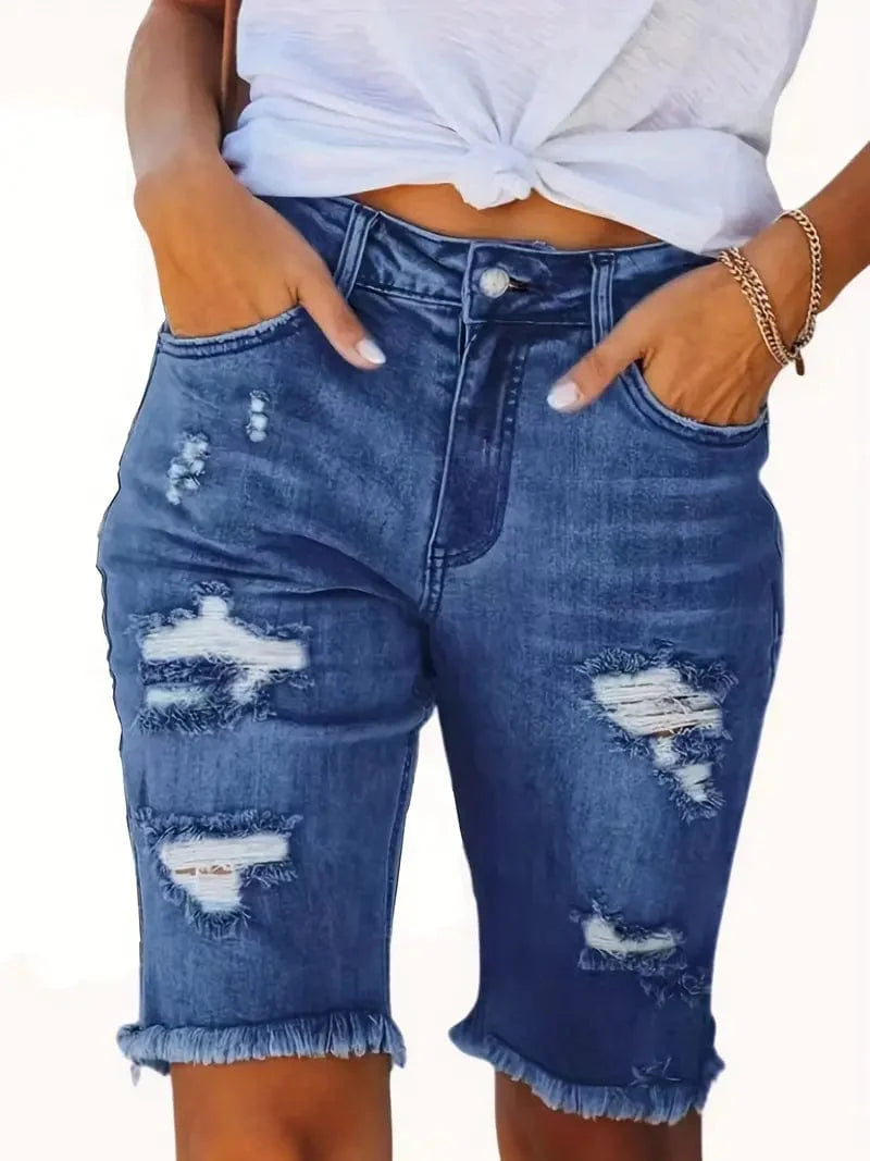Blue Raw Hem Denim Jorts with Distressed Details, Mid-Stretch Slash Pockets Bermuda Denim Shorts, Women's Denim Jeans & Apparel