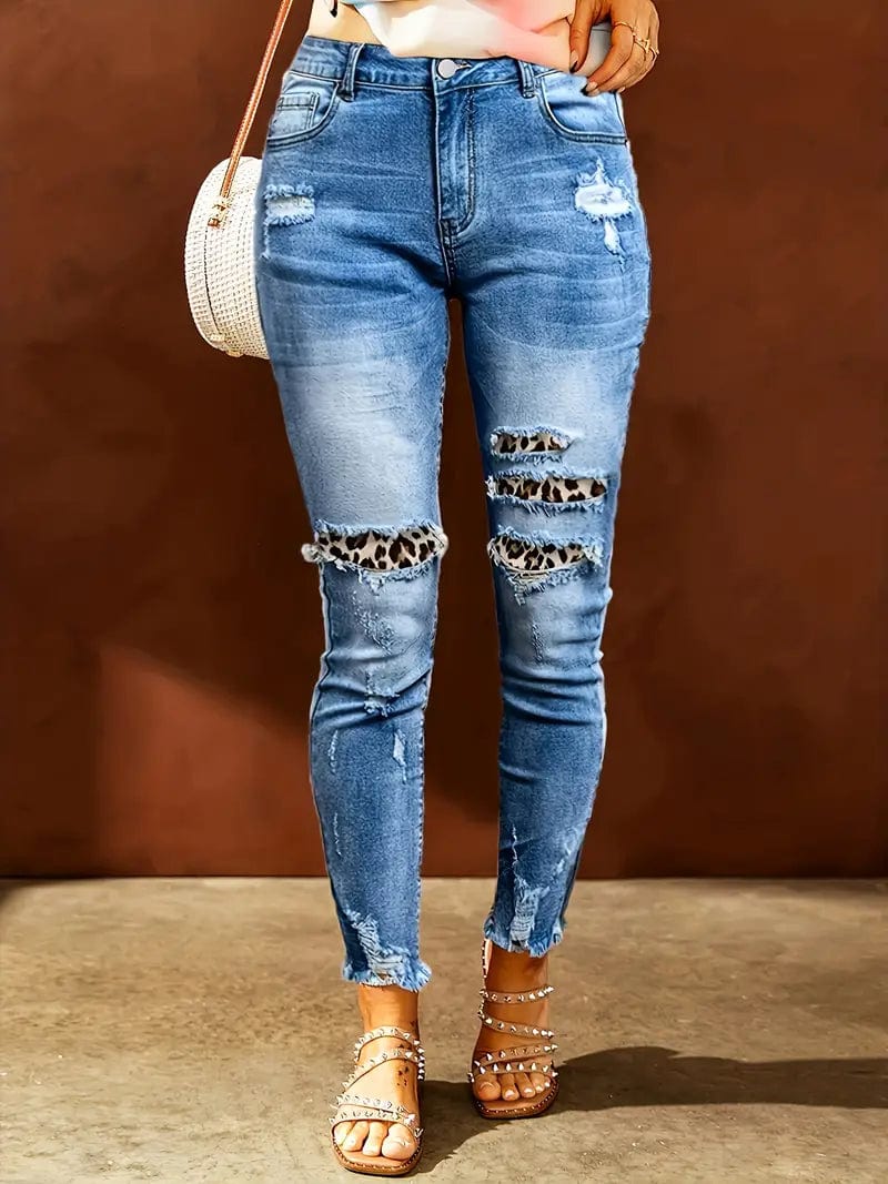 Blue Raw Hem Straight Jeans with Leopard Print Patchwork Detail and Ripped Holes - Women's Denim Clothing