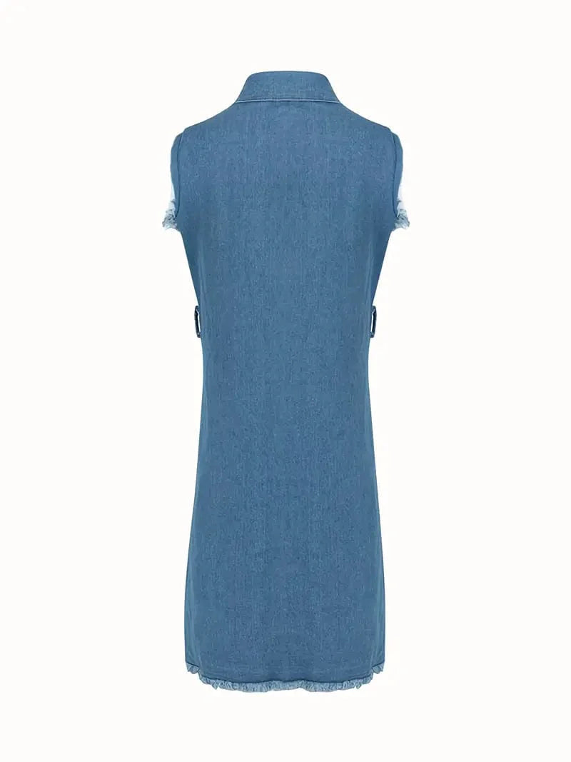 Blue Sleeveless Denim Dress with Distressed Design and Waistband