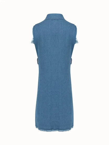 Blue Sleeveless Denim Dress with Distressed Design and Waistband