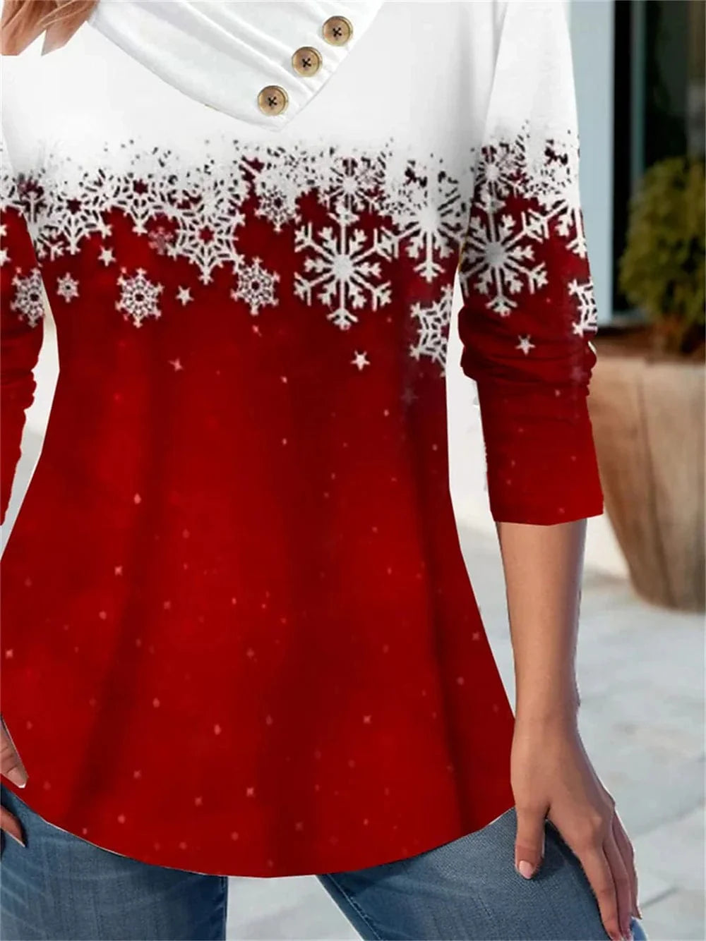 Snowflake Print Long Sleeve Women's T-shirt with Button Detail