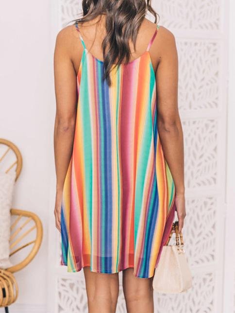 Bohemian Beach Short Dress with Multicolor Stripes
