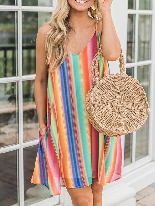 Bohemian Beach Short Dress with Multicolor Stripes