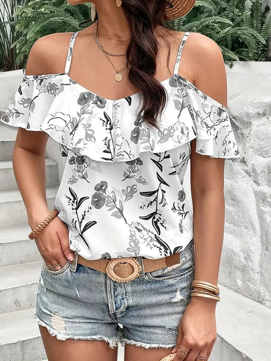 Boho Floral Spaghetti Strap Blouse for Women, Cold Shoulder Summer Top with Ruffle Trim