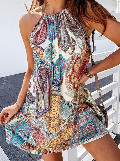 Boho Style All Over Print Halter Sleeveless Mini Dress