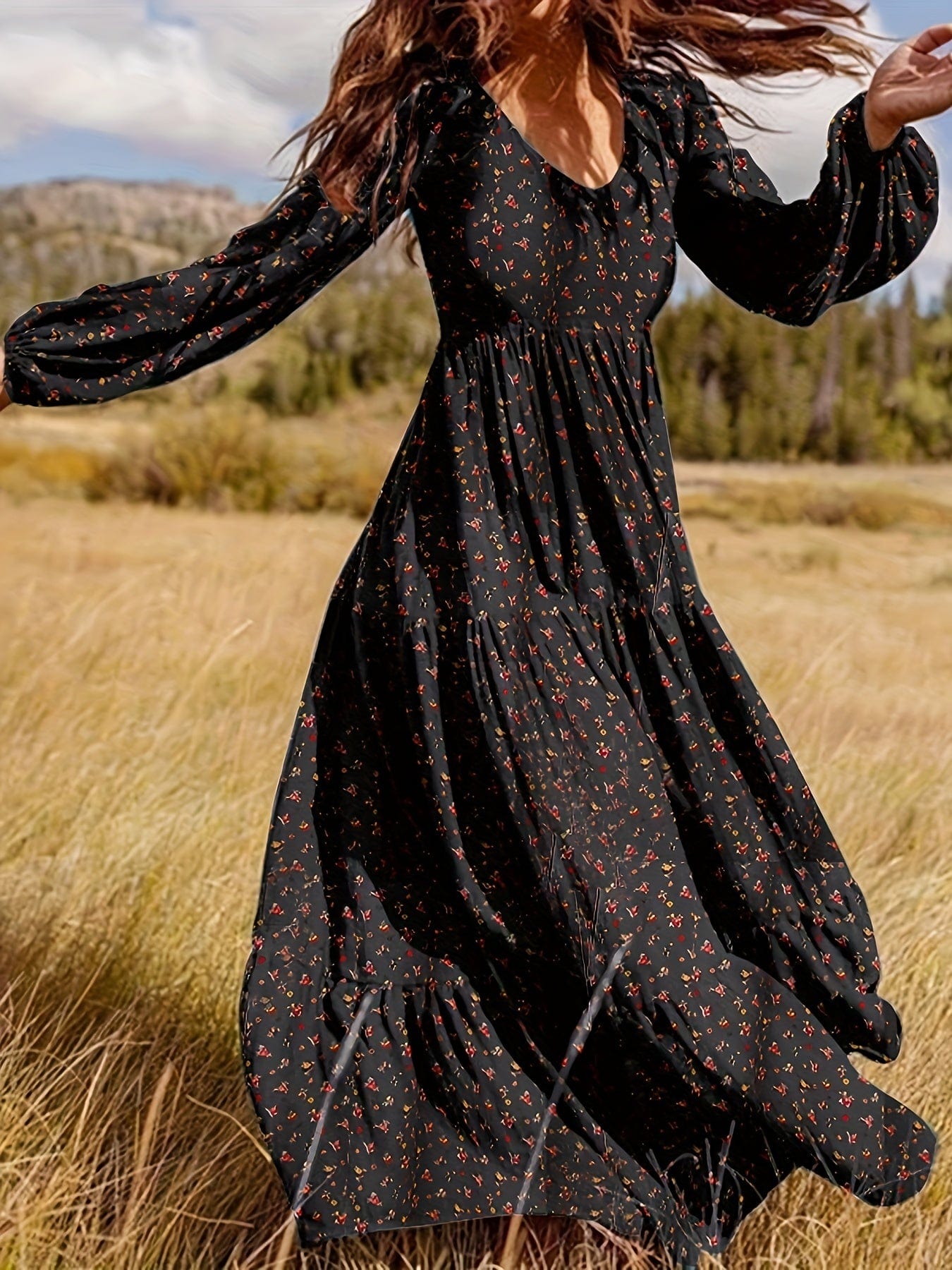 Boho Tiered Floral Print V-Neck Lantern Sleeves Maxi Dress