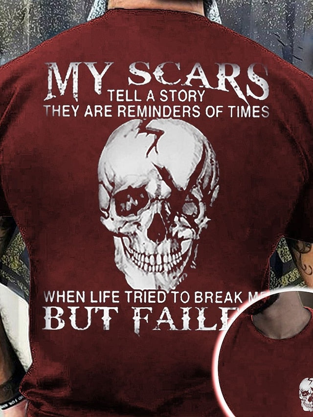 Skull Mens 3D Shirt For My Scars Tell Story They Are Reminders Of Times | Green Summer Cotton | Graphic Prints Black Wine Navy Blue Tee Casual Style Men'S Blend Basic Modern Contemporary Short