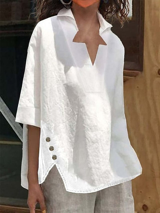 Breathable V-Neck White Linen Shirt for Women with 3/4 Length Sleeves