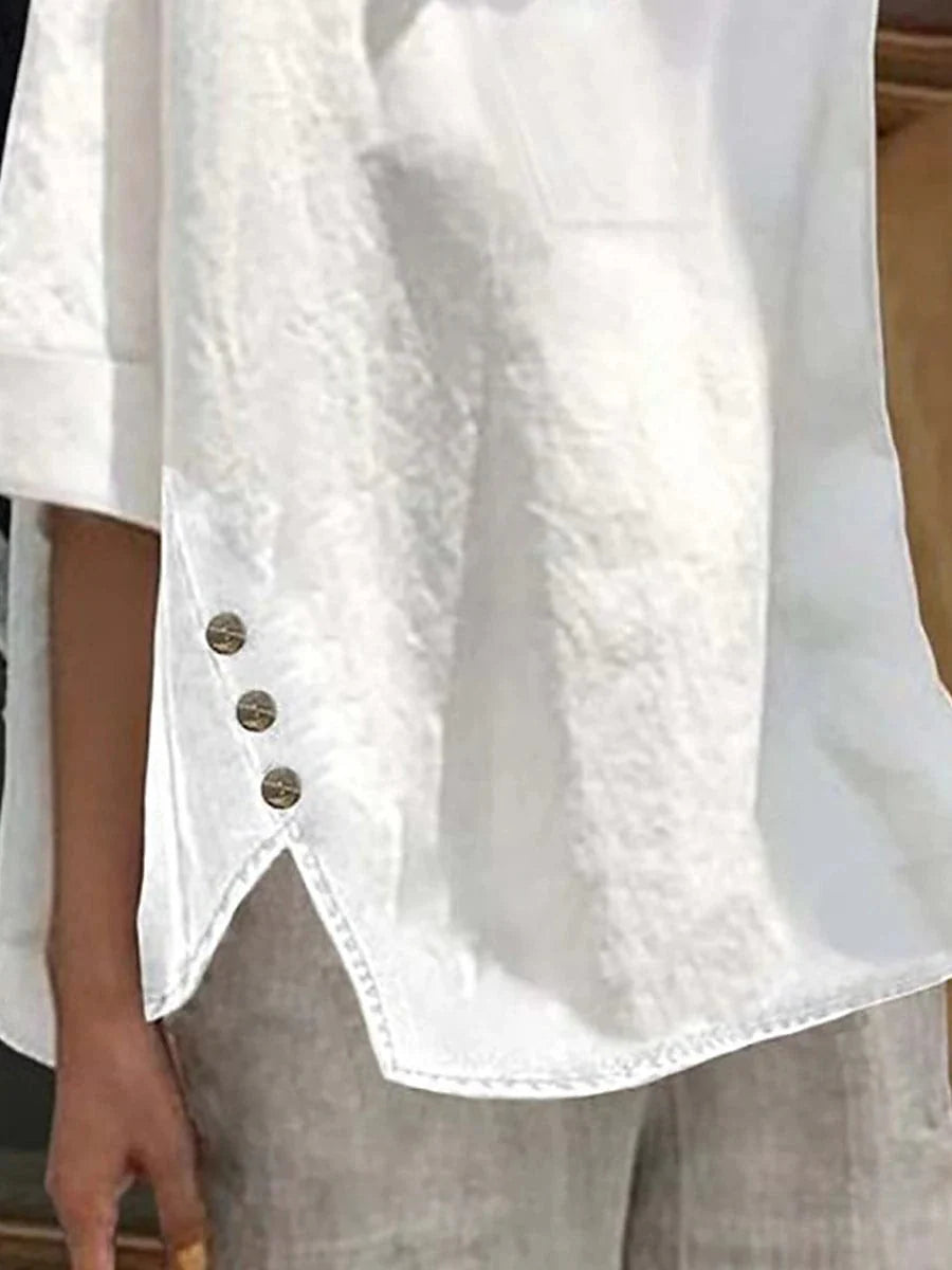 Breathable V-Neck White Linen Shirt for Women with 3/4 Length Sleeves