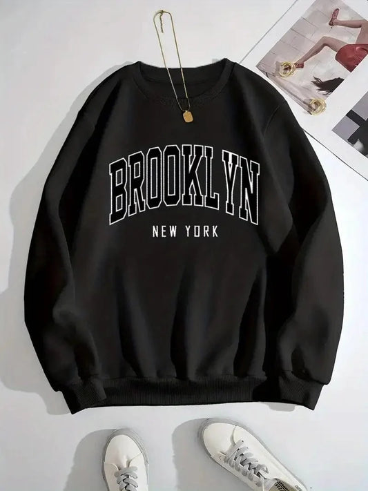 Brooklyn Print Sweatshirt, Long Sleeve Crew Neck Casual Top for Women