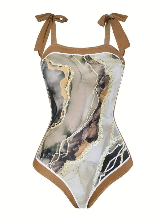 Brown Marble Print Swimwear Set with Sarong Skirt for Women
