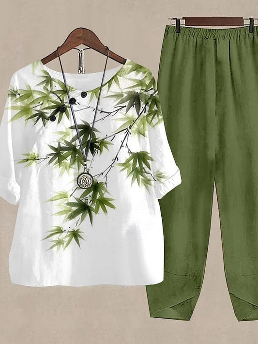 Floral Print Women's Shirt and Pants Set for Fall & Winter