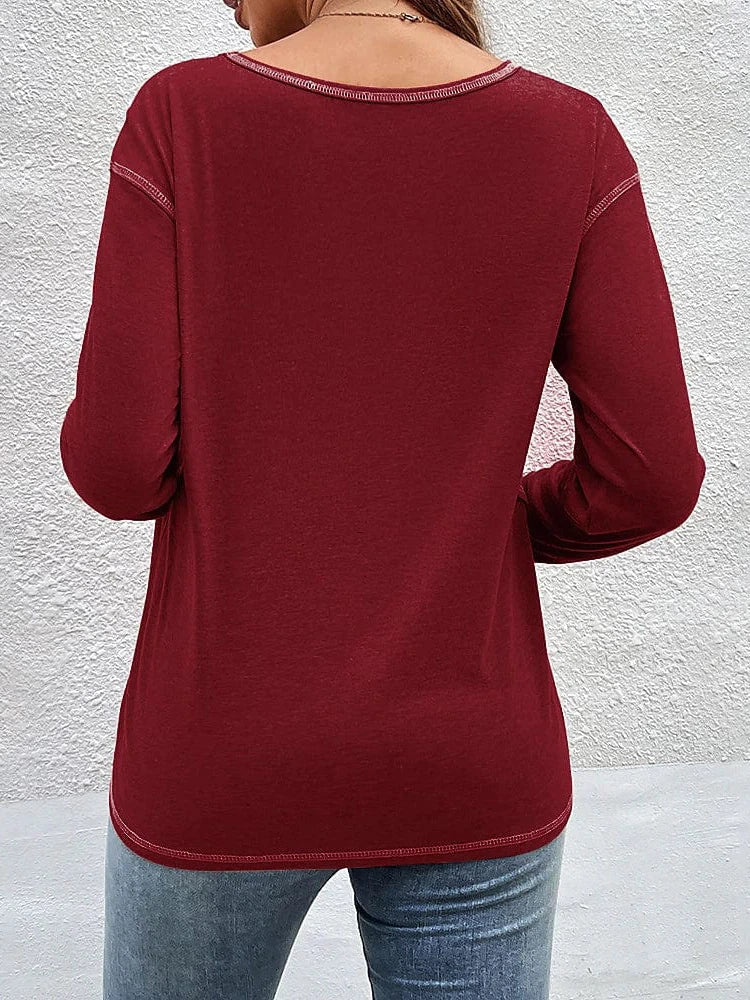 Burgundy Women's Flannel T-shirt with Button Detail and Long Sleeves