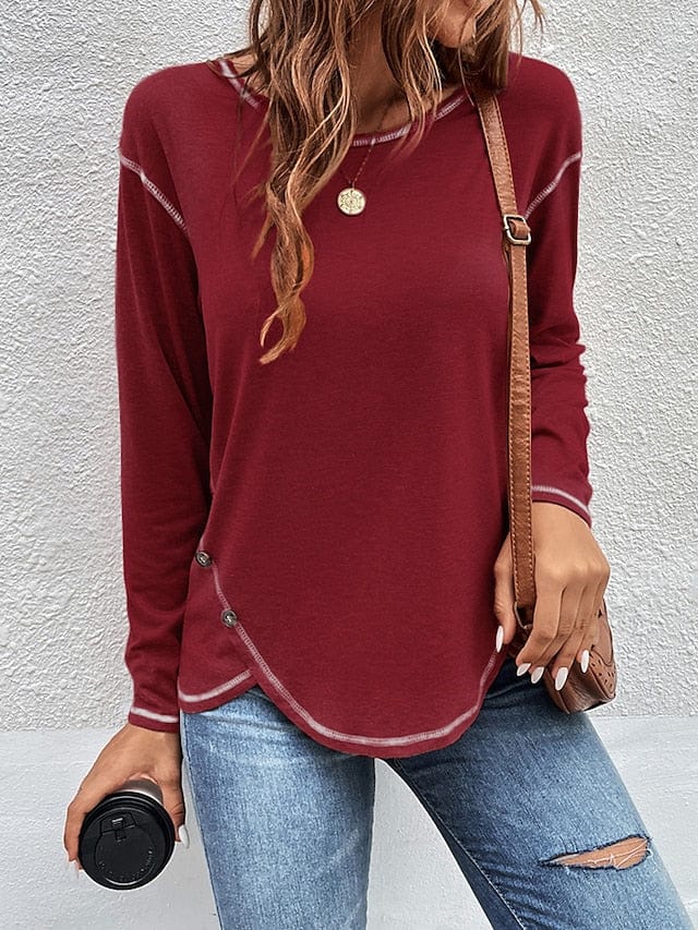 Burgundy Women's Flannel T-shirt with Button Detail and Long Sleeves
