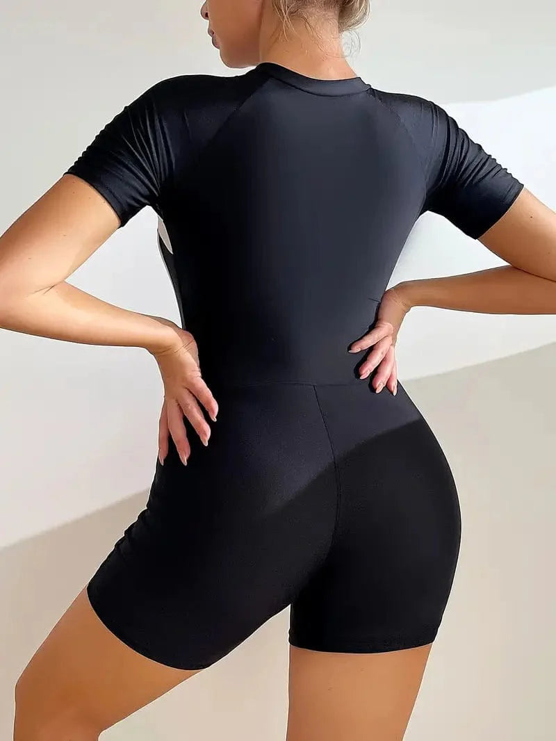 Butt Lifting Contrast Color Swimsuit with Half Zipper and Short Sleeves