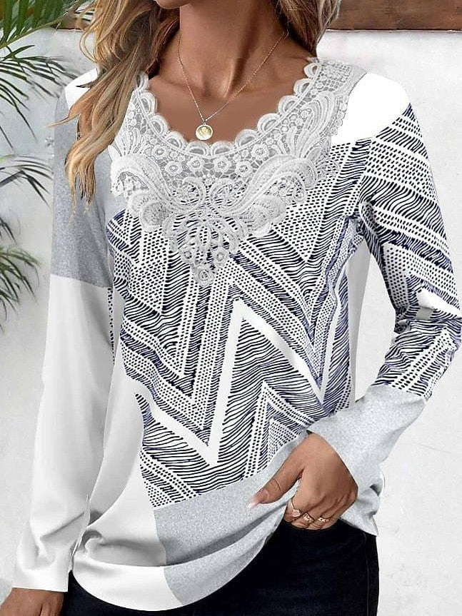 Butterfly Abstract Print Women's Shirt Blouse with Lace Patchwork