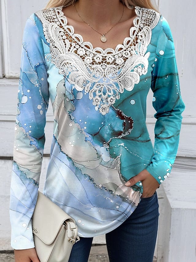 Butterfly Abstract Print Women's Shirt Blouse with Lace Patchwork