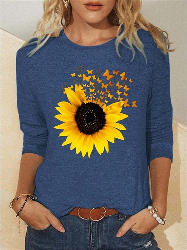 Butterfly and Sunflower Print Women's Long Sleeve T-shirt