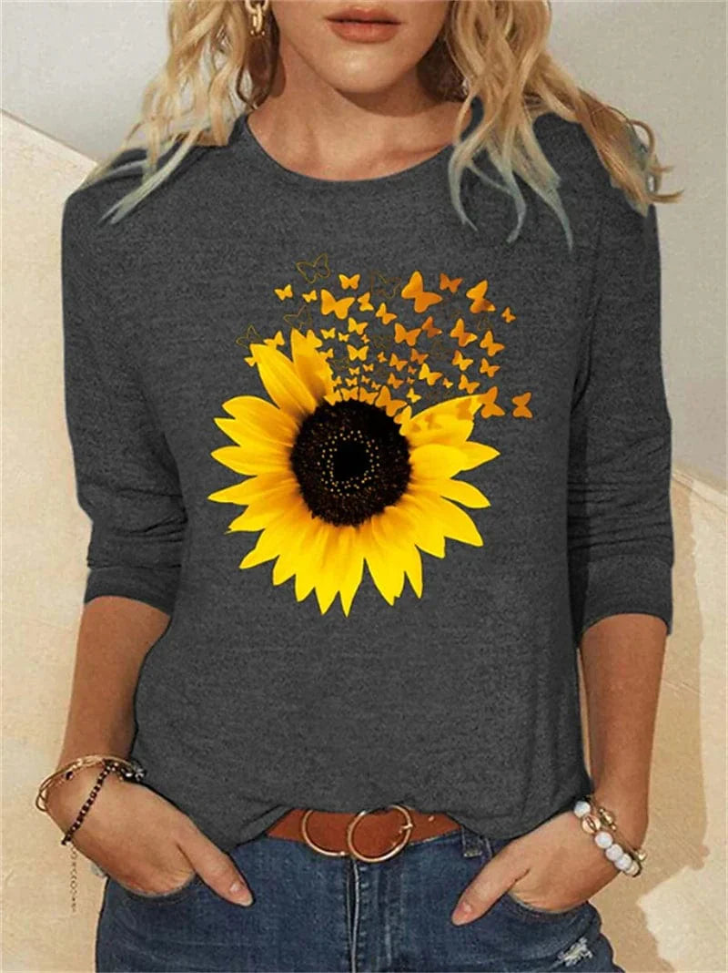 Butterfly and Sunflower Print Women's Long Sleeve T-shirt