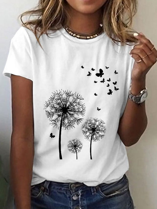 Butterfly Dandelion Print Women's Black and White T-shirt