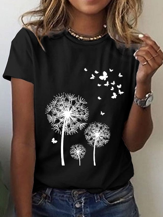 Butterfly Dandelion Print Women's Black and White T-shirt