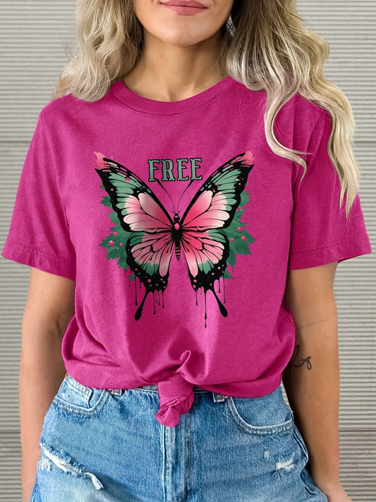 Butterfly & Free Letter Pattern Tee, Stylish Crew Neck Top for Women, Spring & Summer Fashion